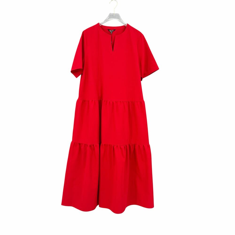 Misook NWT Solid Bold Red Tiered Split V-Neck Short Sleeve Maxi Shift Dress - Picture 7 of 11